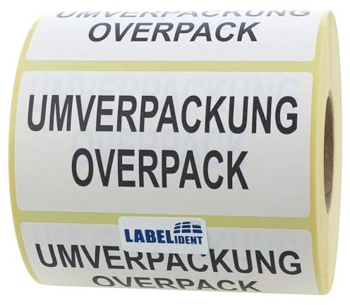 Labelident Gefahrgutaufkleber 100 x 50 mm - Gefahrgutetiketten Umverpackung/Overpack - 1.000 Etiketten auf 1 Rollen, Papier weiß-schwarz
