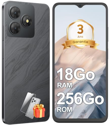 Ausriray Telephone Portable Android, 18Go+256Go/TF 2To Octa Core Smartphone | Écran 6.56 HD+, Batterie 5000mAh, 13MP+8MP, Smartphone Pas Cher 4G Dual SIM, Face ID/GPS/3Ans De Garantie - Noir