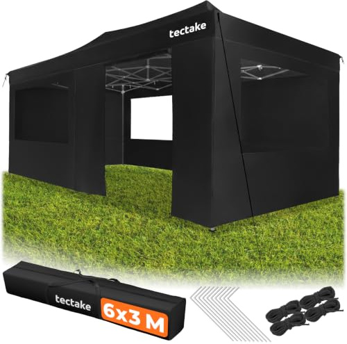 tectake® Aluminium Faltpavillon, 3x6 m, wasserdicht, 6 Seitenteile, 3 Fenster, höhenverstellbar, mit UV-Schutz 40+, Alu Faltpavillon, Faltzelt, inkl. Heringe und Tragetasche - schwarz