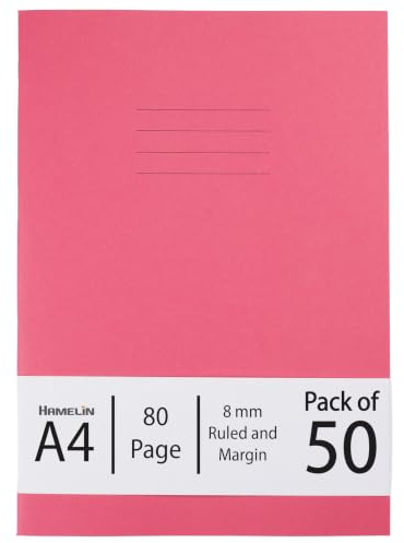 Hamelin A4 8 mm Ruled and Margin 80 Pages Exercise Book - Pink (Pack of 50), 100100985