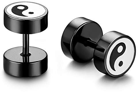 JewelryWe Schmuck Fake Plug Ohrstecker Edelstahl Tai Chi Yin Yang Fakeplug Tunnel Ohrringe Ohr-Piercing für Herren Damen Schwarz