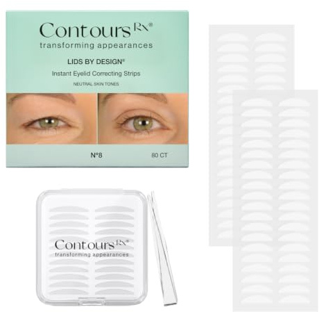 Contours Rx Lids by Design Eyelid Lift Strips with Travel Case and Tweezers - Invisible Eyelid Tape for Hooded Eyes - a Youthful-Looking Appearance - 80 CT (8mm)