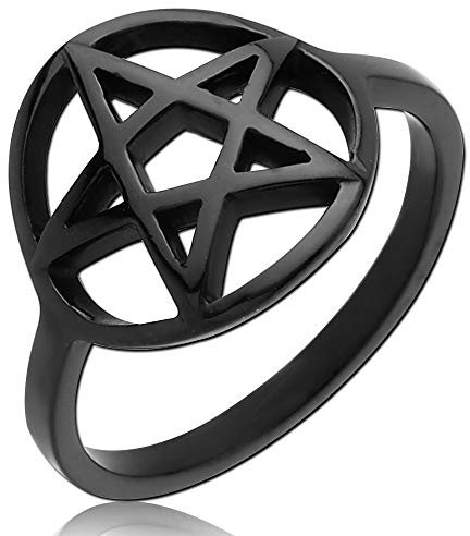 viva-adorno Edelstahl Ring Damen Ring Pentagramm schwarz beschichtet schmal Gothic RS62, Gr. 53