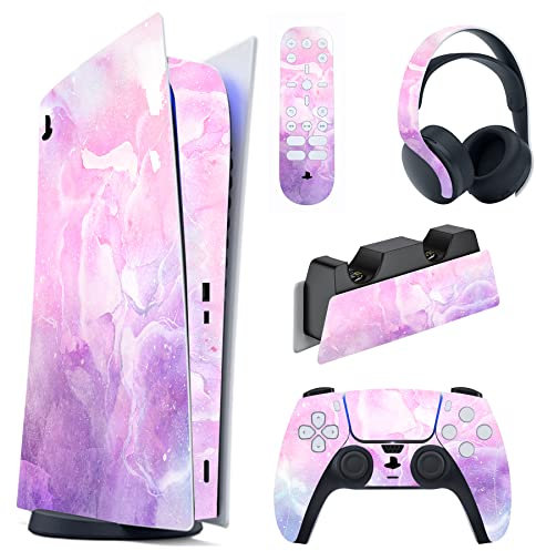 PlayVital Autocollants Skin pour ps5 Manette Sticker Vinyle pour ps5 Digital Console & Station de Charge & Casque & Télécommande Média-Aquarelle Violet Rose