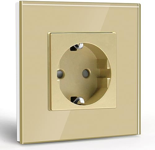 BSEED Schuko Steckdose 1 Fach Steckdose Glas Unterputz Steckdose,Steckdosen mit Kristall Glas Platte Einzel Wandsteckdose 16Amp EU Standard Verlängerungssteckdosen Gold -86mm