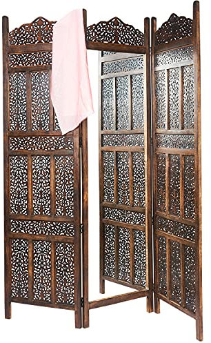 Orientalischer Paravent Raumteiler Holz Spiegel Elroi 150 x 180cm hoch Braun | Indischer Trennwand als Raumtrenner oder Dekoration im Zimmer oder Sichtschutz im Garten, Terrasse oder Balkon
