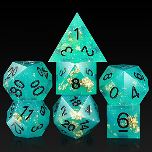 D&D Würfel-Set, DNDND handgefertigt, scharfe Kanten, 7-teilig, DND-Würfel mit Geschenk-Etui, für Dungeons und Drachenspiele (blau mit schwarzer Zahl)