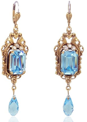 Retro Ohrhänger Aquamarin Gold Markenkristalle aus Österreich NOBEL SCHMUCK