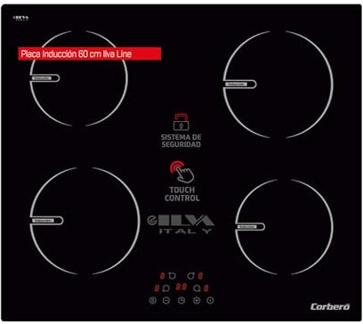 Corberó - Encimera por Inducción CCIG9422 | Placa 4 Zonas | Potencia 6000W | Control Touch | 9 Niveles de Potencia | Desconexión Automática | Bloqueo de Seguridad, Negro/Ilva Glass, Vidrio