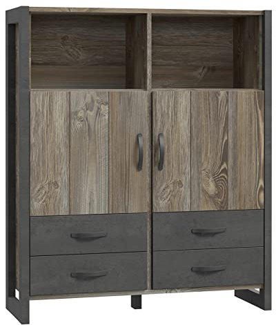 Newroom Highboard Betonoptik und Picea Kiefer Kommode Modern - 129,8x154,2x43,1 cm (BxHxT) - Sideboard Regal Anrichte - [Porter.Three] Wohnzimmer Wohnstube Büro Arbeitszimmer