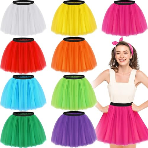 Handepo Lot de 9 tutus colorés pour femme - Jupe tutu en tulle à 4 couches élastique classique en vrac pour costume d'Halloween des années 80, multicolore, Taille Unique