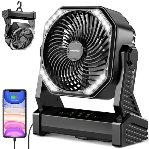 AddAcc Ventilador de camping recargable portátil de 20000 mAh, con luz y gancho, pivote de 270°, 4 velocidades, funciona con pilas, para tienda de campaña, coche, viajes, sueño, cortes de energía por