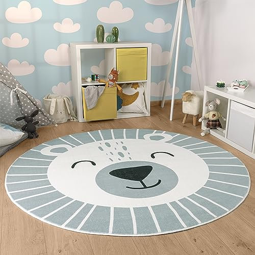 Paco Home Kinderteppich Teppich Kinderzimmer Rund Spielmatte Babymatte Waschbar Bis 30 Grad Löwenkopf Bärenkopf Moderne Deko, Grösse:Ø 100 cm Rund, Farbe:Grau 2