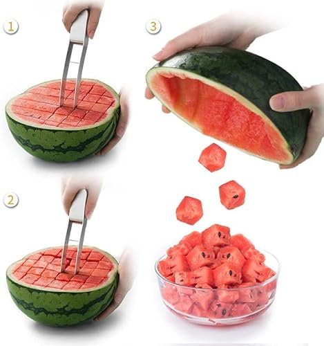Affettatrice per Anguria, Coltello da Anguria in Acciaio Inox 304, Taglia Anguria a Cubetti, Taglia Cocomero con Lama da Taglio a Forma di Gancio Taglierina, Papaia, Coltello Frutta Affettare
