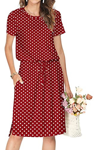 Cuptacc Kleid Damen Sommer Work Kleider Knielang Sommerkleid Midi Dress Casual Blusenkleid Damen Business Hemdkleid Beerdigung Kleidung Roter Punkt XL