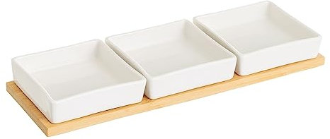 Juego de 3 platos de aperitivo blancos de porcelana con bandeja de bambú de 33x10 cm