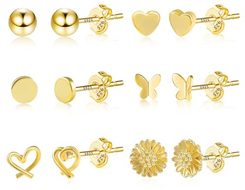 6 Paires boucle d'oreille femme, Boucles en Argent Sterling 925 Ensemble, Petite en Acier Chirurgical Hypoallergénique, Mignon Fleur amour Papillon Clou d'Oreille Bijoux Ensemble, Or
