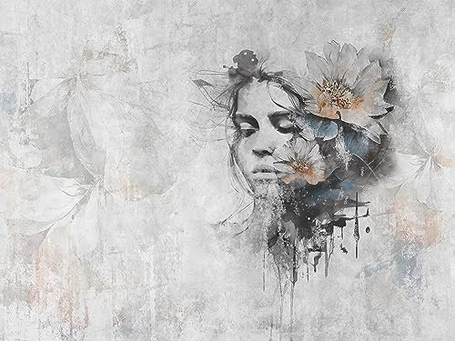 Muralo - 3D Tapete Vliestapete - Fototapete 3d Effekt - Tapete für Wohnzimmer Schlafzimmer Wandtapete - abstrakte Fototapete - Frau mit Blumen Beton Optik - Br. 368cm x Hö. 254cm