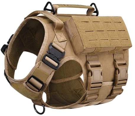 Vmokki Hundegeschirr mit 3 Taschen, 2 Griffe, 3 D-Ring Taktisch Gepolstert Verstellbar Molle Sicherheitsgeschirr Brustgeschirr für mittelgroße große Hunde (Braun, L)