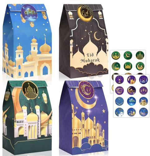 JULBEAR Ramadan Tüten, 24 Stück Ramadan Geschenktüte Papiertüten Eid Mubarak Tüten Eid Mubarak Papiertüten mit Aufkleber Ramadan Kalender zum Befüllen Ramadan Muslimische Dekoration