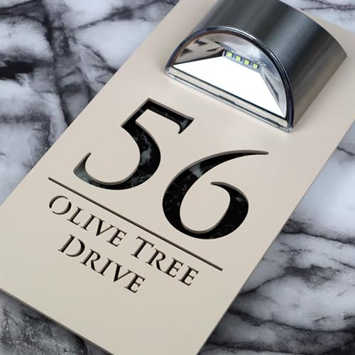 K Smart Sign | Bellissima LED F32 | Contemporary House Signs Plaques Door Numbers 1-9999 Street Name SOLAR LIGHT LED For Wall Personalised Laser Cut Mirror! (Matt Khaki Cream & Black Marble)