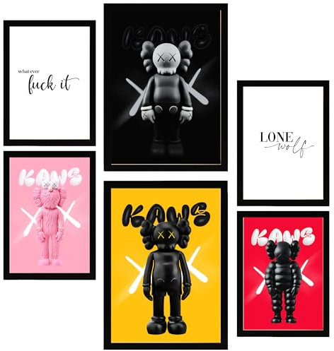 Nacnic 6er-Set Kultige Kaws farbenfroh Gerahmtes Poster mit Design-Illustrationen zur Dekoration der Wände Ihres Zuhause Zimmer Büro Laden Malerei A3 & A4 Schwarzer Rahmen