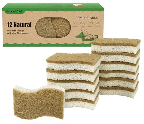 Silkyhose Biologisch abbaubarer, natürlicher Küchenschwamm, kompostierbare Zellulose- und Kokosnuss-Schrubber, umweltfreundlicher Geschirrspülschwamm, 12 Stück, Haushaltsreinigungsschaum für Geschirr