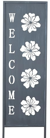 Gartenschild Welcome mit Blumen verziert aus Metall grau Höhe 83 cm Breite 22cm