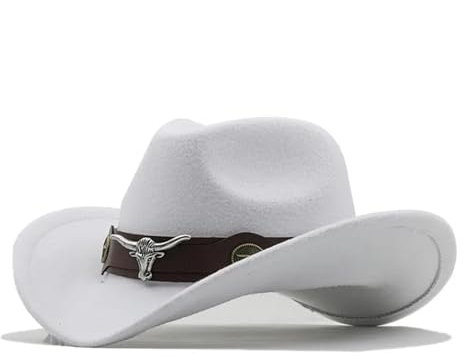 Westernhut Cowboyhut Rollkrempe Cowgirl Cap Cowboy Jazz Fedora Hut Filzmütze mit Kuhband für Damen Herren Kinder, weiß, Adults 56-58cm