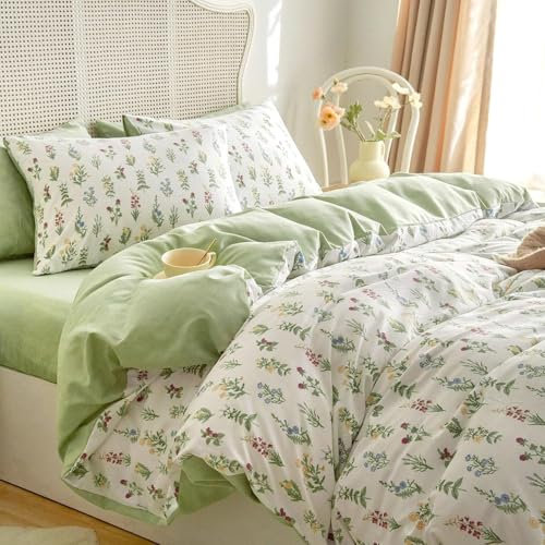 Sedefen Bettwäsche 200x220cm 3teilig Weiß Grün Blumen Blätter Bettbezug Bunt Floral Pflanzenmuster Wendebettwäsche Set Microfaser Mädchen Bettwaren-Sets mit Reißverschluss und 2 Kissenbezug 80x80cm