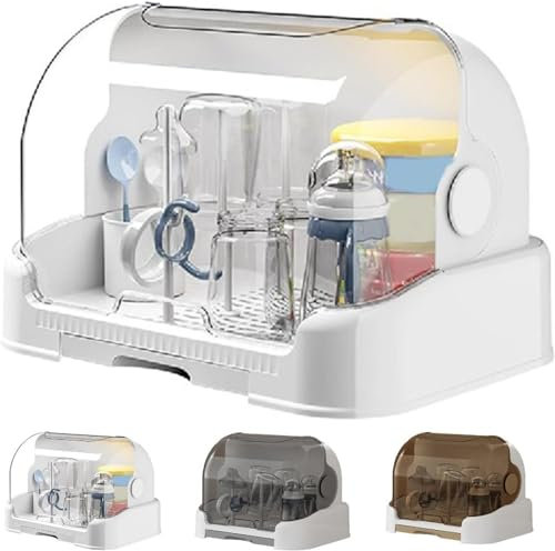 Countertop Baby Bottle Drying Rack With Removable Drip Tray - Dustproof Storage Box With Lid - For Bottles, Teats, Cups, Pump