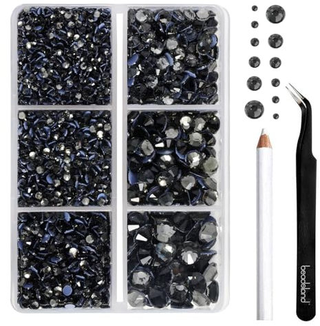 BEADSLAND Hotfix Rhinestones, 4000 PCS Gray Rhinestones for Clothes Crafts Mixed 6 Sizes with Wax Pencil and Tweezers Kit, SS6-SS30, Black Diamond