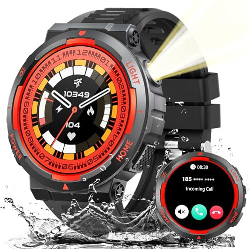Reloj Inteligente Militar Hombre on Linterna LED Llamadas Bluetooth 1,53 HD Smartwatch 3ATM Impermeable con 100+ Modos Deportivos Pulsómetro, SpO2, Monitor de Sueño, Podómetro para Android iOS