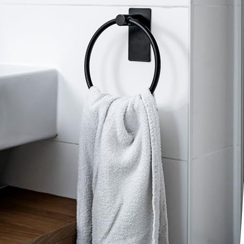 ELMOWO - Premium Edelstahl Handtuchring ohne Bohren selbstklebend inkl. Spezialkleber (extrem sicherer Halt) Design Handtuchhalter Ring für Bad, WC & Küche - Moderne Handtuch Halterung rund (schwarz)
