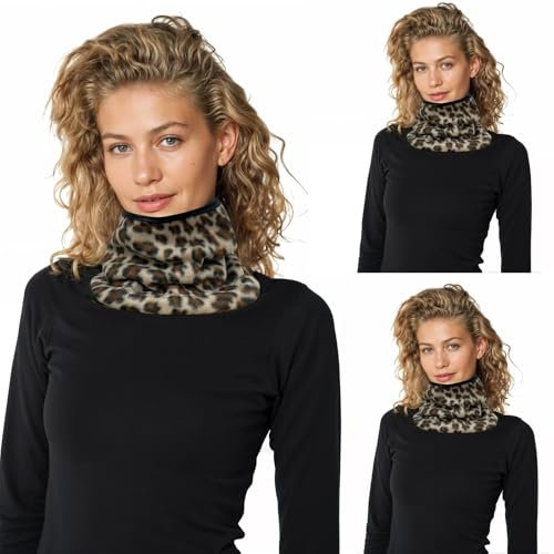 Adult Animal Printed Neck Warmers, Unisex Reversible Fleece Winter Double Layer Windbreaker Neck Gaiters For Outdoor Ski Snowboard Transport Cycling Mask With Adjustable Cord, Leopard Print Pack 3