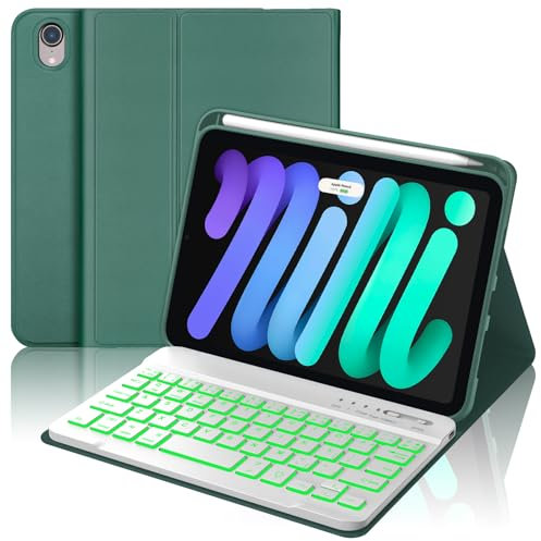 WINCHKING Backlit Keyboard Case for iPad mini (A17 Pro) 7th Generation/Mini 6th Gen 8.3 Inch,7-Color Backlit,Detachable Wiress Keyboard Folio Case with Pencil Holder for iPad mini 7/6,Dark Green