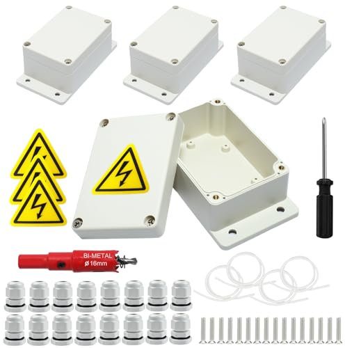 4 Stück Anschlussdose, IP67 Weiße Abzweigdose Wasserdicht, 100 * 68 * 50mm Aufputz Verteilerdose, Gehäuse Elektronik mit 16 Kabelverschraubungen, Sicherheitsschilder, Lochsäge 16mm, Schraubenzieher