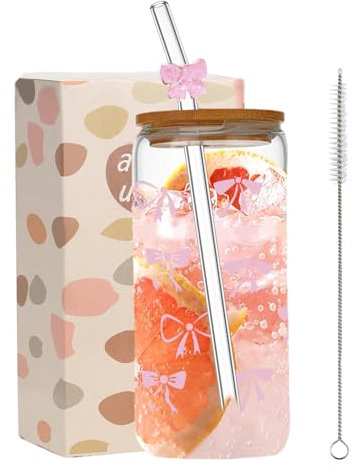 Leseogye Pink Bow Glass Cups with Lids and Straws, 16oz Elegant Iced Coffee Cup with Glass Straws with Bows, Versatile Tumbler for Cocktail, Coke, Soda