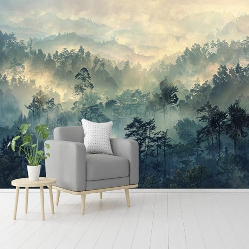 Custom Size Wall Murals,Misty Forest Landscape Self-Adhesive Removable Wall Covering Fabric, Large Photo Wallpaper for Living Room Bedroom Kitchen Office Kids.