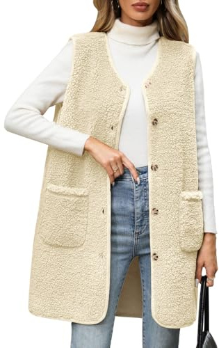 RITOSTA Teddy Fleece Weste Damen Lang Fleeceweste Herbst Winter Damenweste Warm Ärmellos Westen V-Ausschnitt Fellweste Leicht Lässig Plüschweste Knöpfen Teddyjacke Mit Taschen