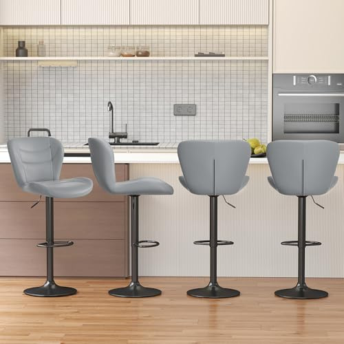 YUUIJOAA 4er Set Barhocker, Barhocker Höhenverstellbar mit Rückenlehne und Fußstütze, 360° Drehbarer Barstuhl mit Lehne, PU-Leder, Barstuhl für Küche,Bar, Esszimmer, Hellgrau