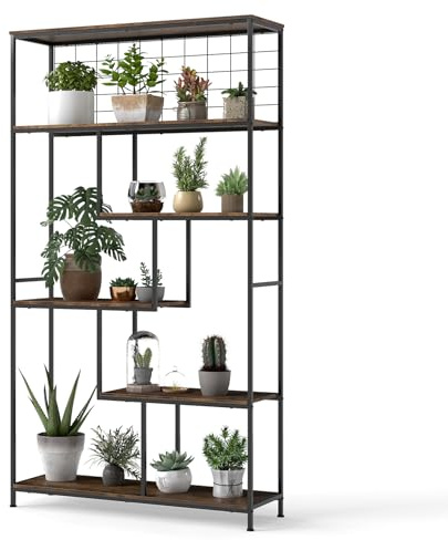 COSTWAY Support pour Plantes à 6 Niveaux, Bibliothèque Haute avec Filet en Métal, Organisateur de Rangement d'Intérieur, pour Salon Terrasse, 100 x 30 x 180 cm (Brun Rustique)