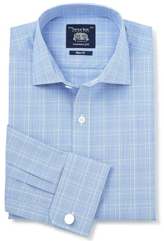 THE SAVILE ROW COMPANY LONDON Men's Slim Fit Double Cuff Formal Shirt, Blue Prince of Wales Check, 15