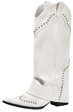 RBCYC Stivali alti al ginocchio da donna con borchie stivali invernali alti slip in stivali da equitazione pieghevoli stivali da moto a punta appuntita scarpe tacco chunky viaggio discoteche, bianco
