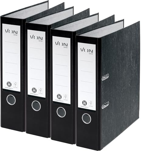 VON Leitz Ordner A4, 100% Recyclingpapier, 80 mm Rückenbreite, Für 600 Blatt, Blauer Engel & FSC-zertifiziert, Für Schule, Studium & Zuhause, Schwarz, 10530095 (Breit, Schwarz, 4 Stück)
