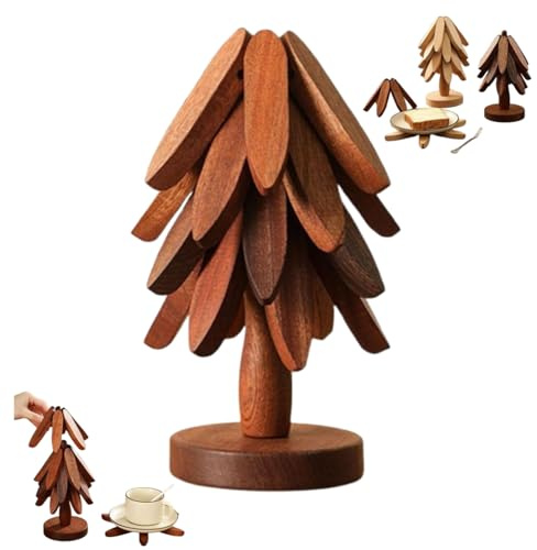 Natural Wood Tree Trivet Set, Christmas Tree Trivet Set, 4 Wooden Trivets & 1 Stand Like a Christmas Tree, for Hot Dish, Pot, Bowl, Teapot, Hot Pot Set (Walnut)
