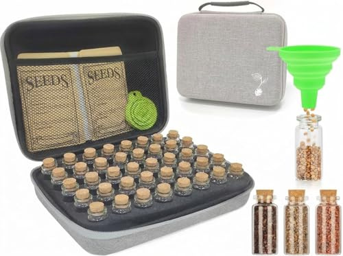 Rigute 40 Slots Saatgut Aufbewahrungsbox, Samen Organizer,Seed Storage Organizer mit Etiketten Aufklebern und Trichter für Kräuter Samen, Gemüse Samen,Fallfest,Sonnenschutz