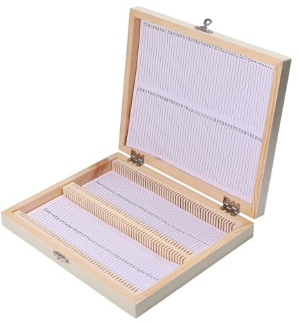 CONCHLERY 100 Place Microscope Slide Wooden Box Microscope Slide Storage Box with Iron Lock for Experiments Analyses Science, 8.98×7.4×1.4 inch