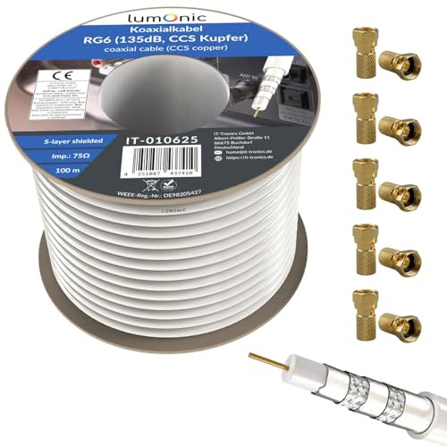 Lumonic Cavo antenna RG6 135dB 100 m in rotolo + 10x connettori F | Schermatura a 5 strati: niente più interferenze con le immagini | Cavo SAT, cavo coassiale Internet, cavo TV