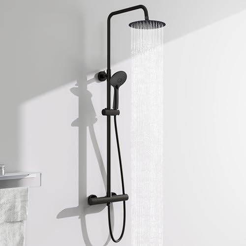 AICA Ensemble de Colonne de Douche Thermostatique pour Salle de Bain, Robinet de Douche Thermostatique en laiton, 3 Modes de Pulvérisation, Chromé, noir,Hauteur Réglable 715 mm-1205 mm (noir)